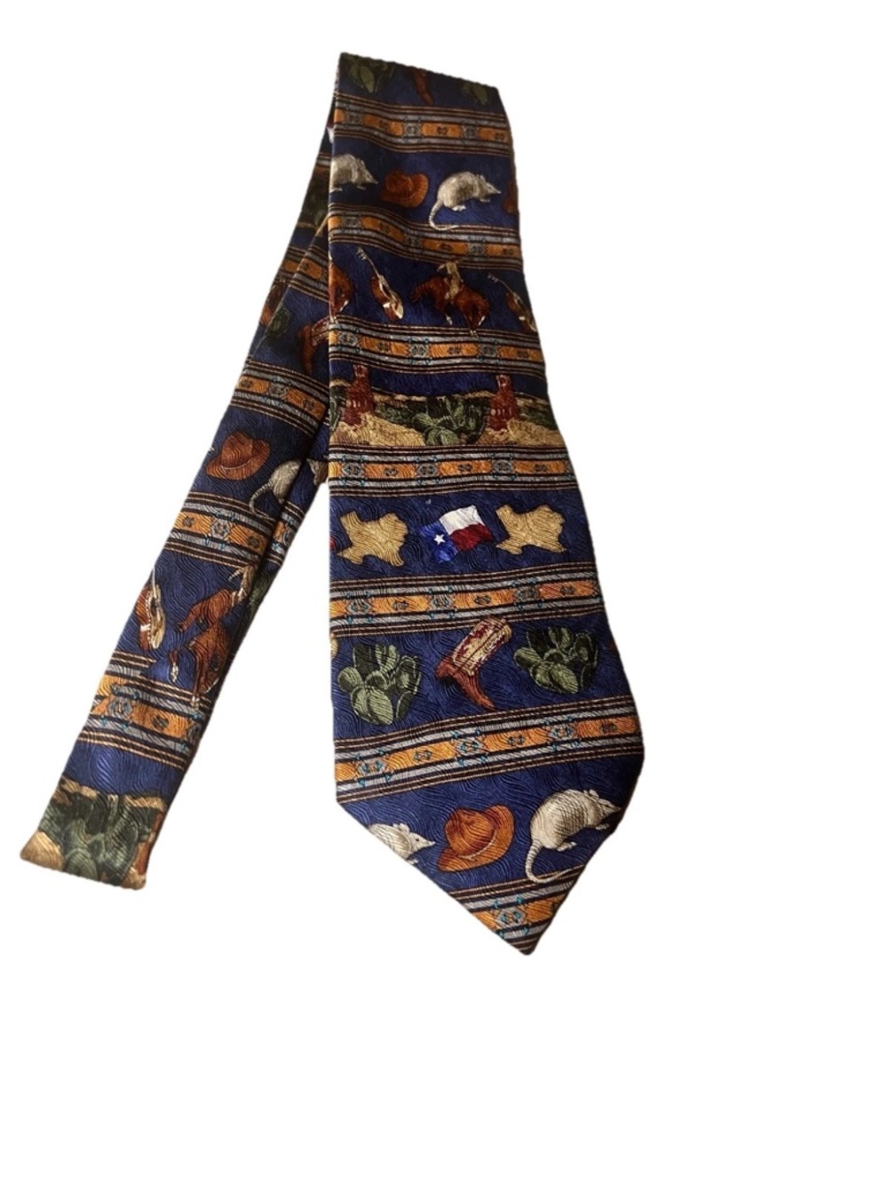 Vintage silk tie with State Of Texas Motifs. 57 L X 4 IN W